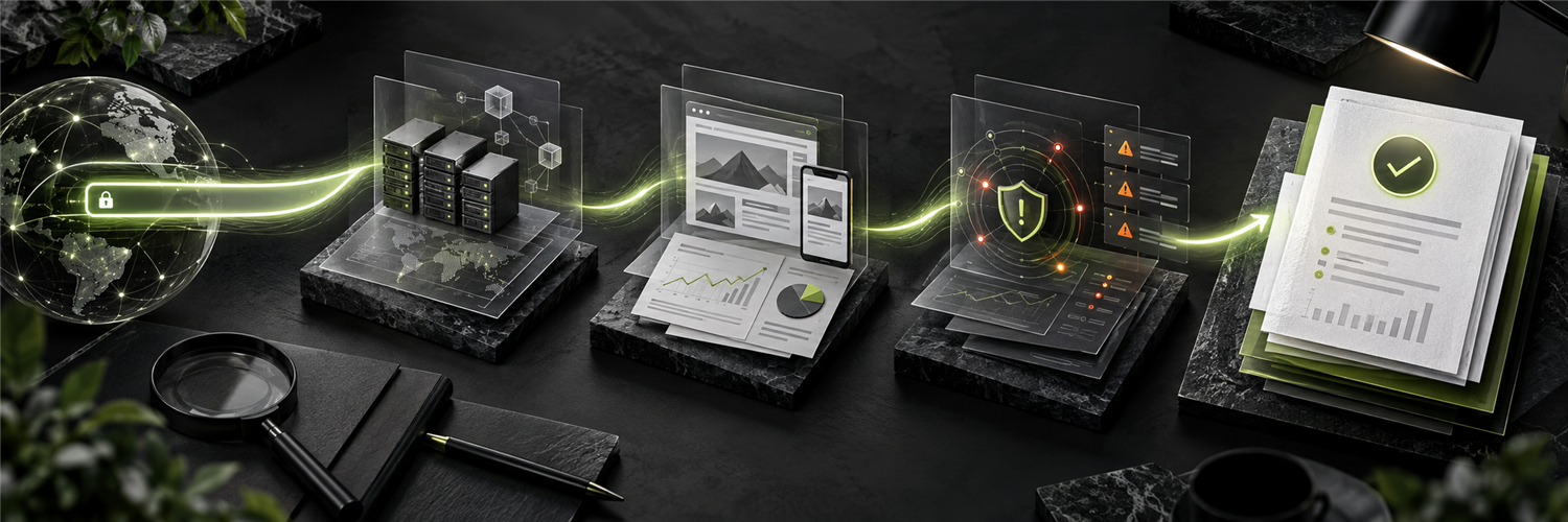 An evidence trail passing through technical, product, and risk stations into a verdict dossier